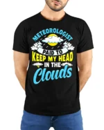 Meteorologist T-Shirt Head In The Clouds Tee - model wearing black shirt, hands behind back