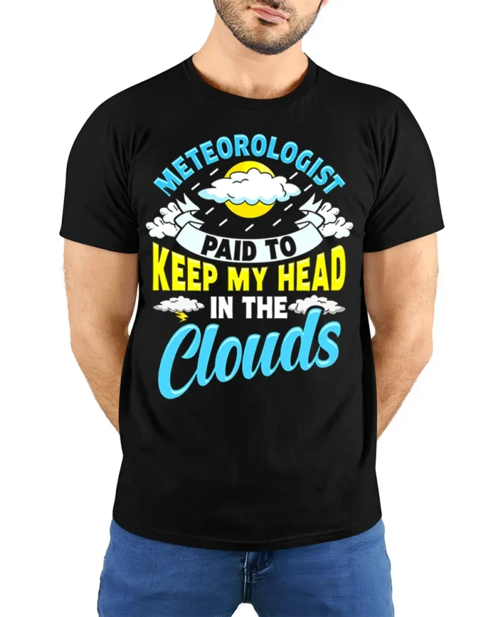 Meteorologist T-Shirt Head In The Clouds Tee - model wearing black shirt, hands behind back
