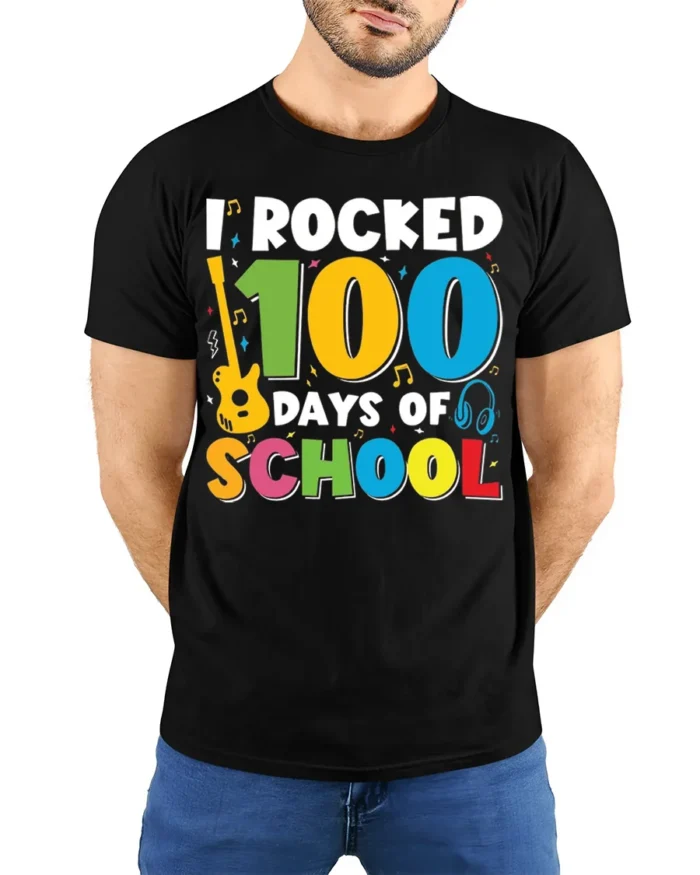 I Rocked 100 Days of School T-Shirt - model wearing black shirt, hands behind back