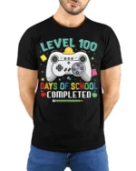 Level 100 Days of School Completed T-Shirt - model wearing black shirt, hands behind back