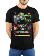 Game Over Back To School T-Shirt - model wearing black shirt, hands behind back