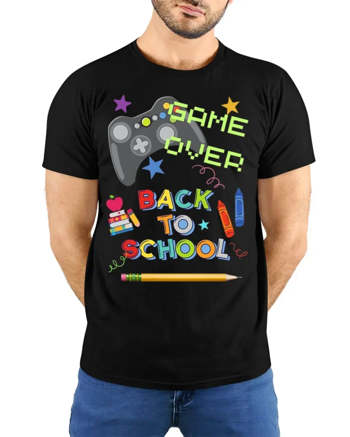 Game Over Back To School T-Shirt - model wearing black shirt, hands behind back