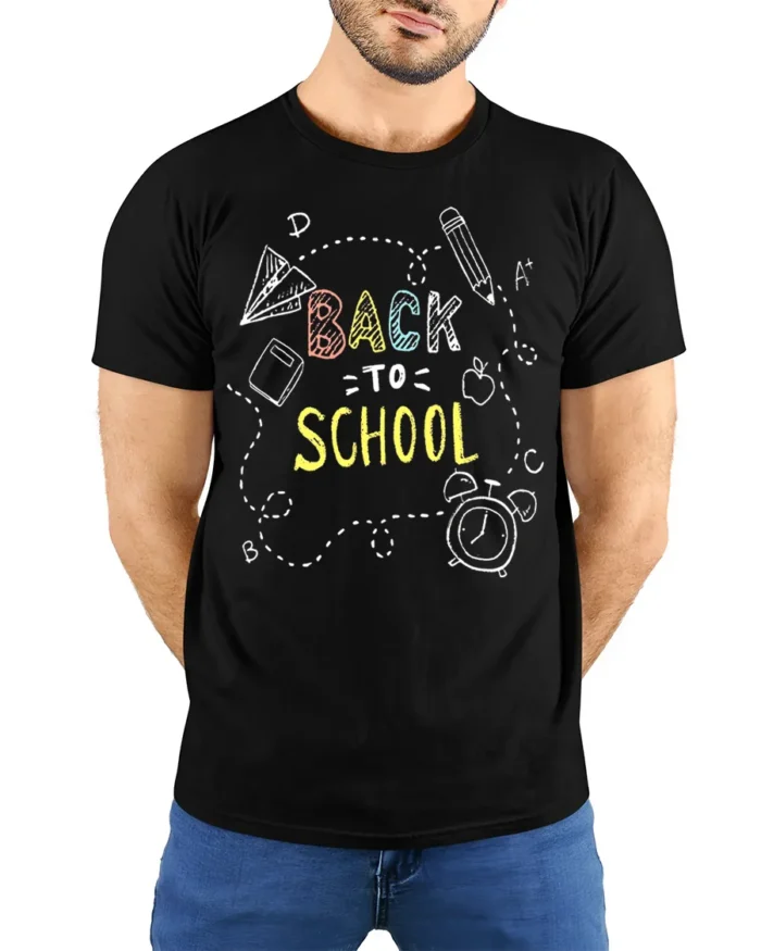 Back To School Doodle T-Shirt - model wearing black shirt, hands behind back