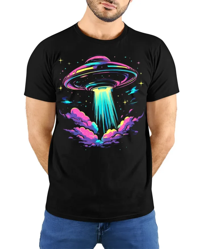 Neon UFO Alien Abduction T-Shirt - model wearing black shirt, hands behind back