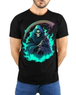 Neon Grim Reaper Flame T-Shirt - model wearing black shirt, hands behind back