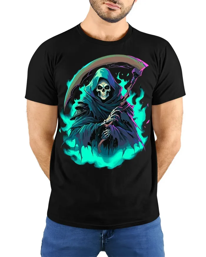 Neon Grim Reaper Flame T-Shirt - model wearing black shirt, hands behind back