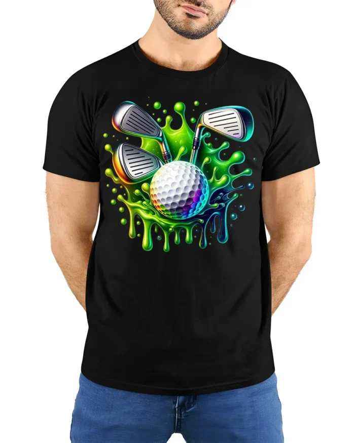 Neon Golf Ball Splash T-Shirt - model wearing black shirt, hands behind back