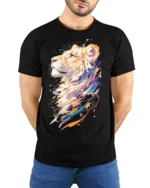 Colorful Abstract Lion Art T-Shirt - model wearing black shirt, hands behind back
