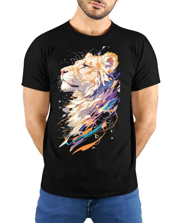 Colorful Abstract Lion Art T-Shirt - model wearing black shirt, hands behind back