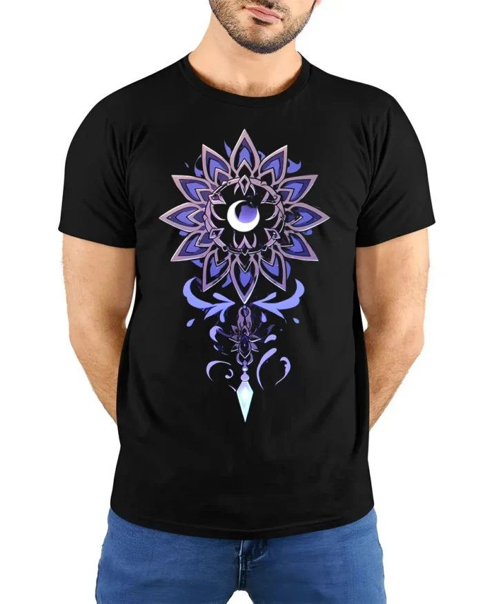 Mystic Moon Mandala Crystal T-Shirt - model wearing black shirt, hands behind back