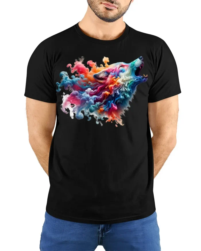 Colorful Smoke Wolf Howling T-Shirt - model wearing black shirt, hands behind back
