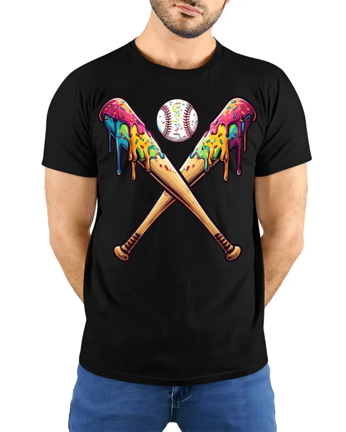 Funny Baseball Bats Ice Cream T-Shirt for Summer - model wearing black shirt, hands behind back