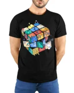 Colorful Puzzle Cube Art T-Shirt - model wearing black shirt, hands behind back