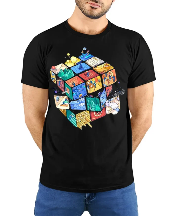 Colorful Puzzle Cube Art T-Shirt - model wearing black shirt, hands behind back