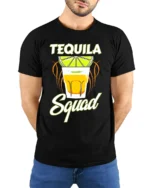 Tequila Squad Drinking Party T-Shirt for Summer Fun - model wearing black shirt, hands behind back