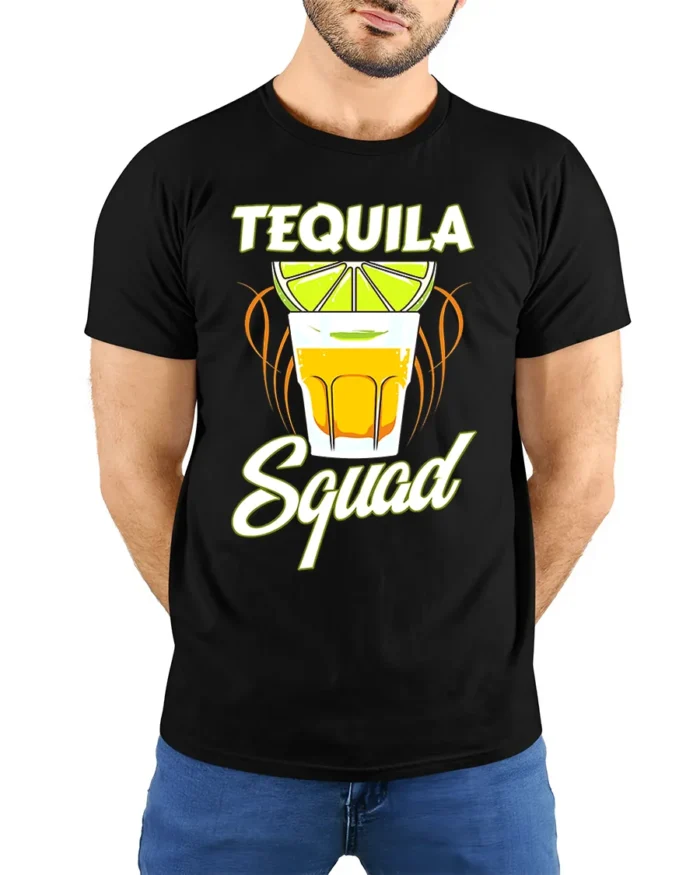 Tequila Squad Drinking Party T-Shirt for Summer Fun - model wearing black shirt, hands behind back