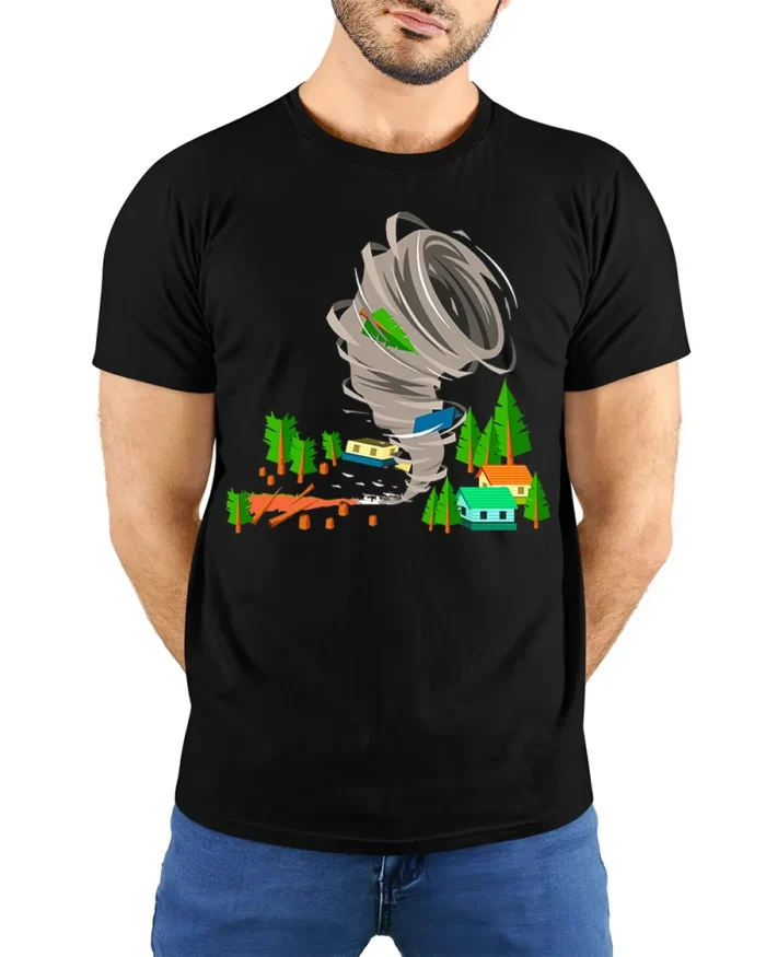 Funny Tornado Disaster Cartoon T-Shirt for Adults - model wearing black shirt, hands behind back