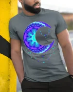 Mystic Mandala Crescent Moon T-Shirt for Men - model in grey shirt leaning against column