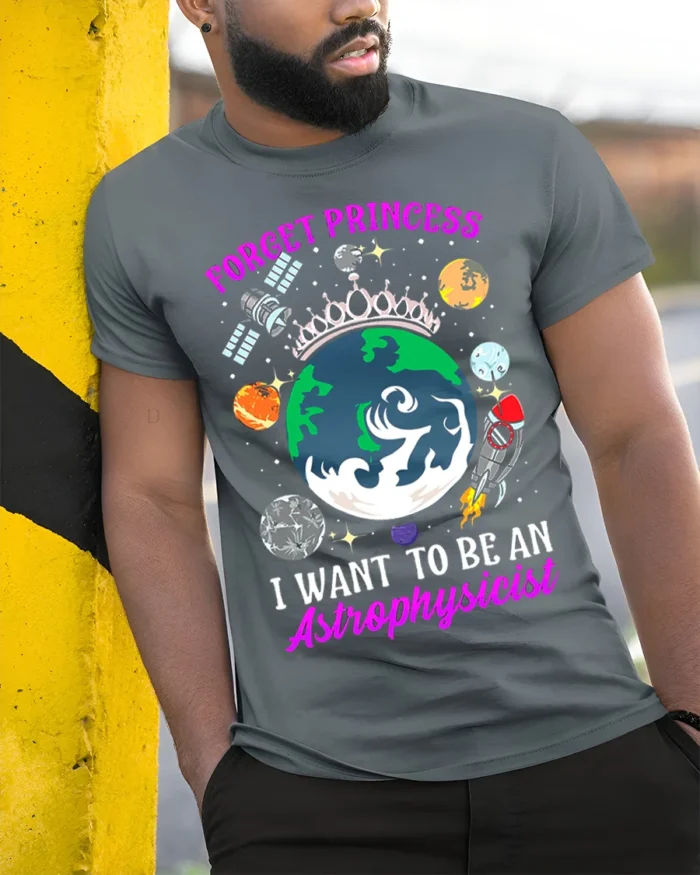 Forget Princess Astrophysicist Space T-Shirt - model in grey shirt leaning against column
