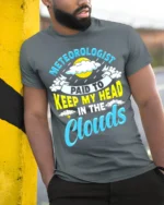 Meteorologist T-Shirt Head In The Clouds Tee - model in grey shirt leaning against column
