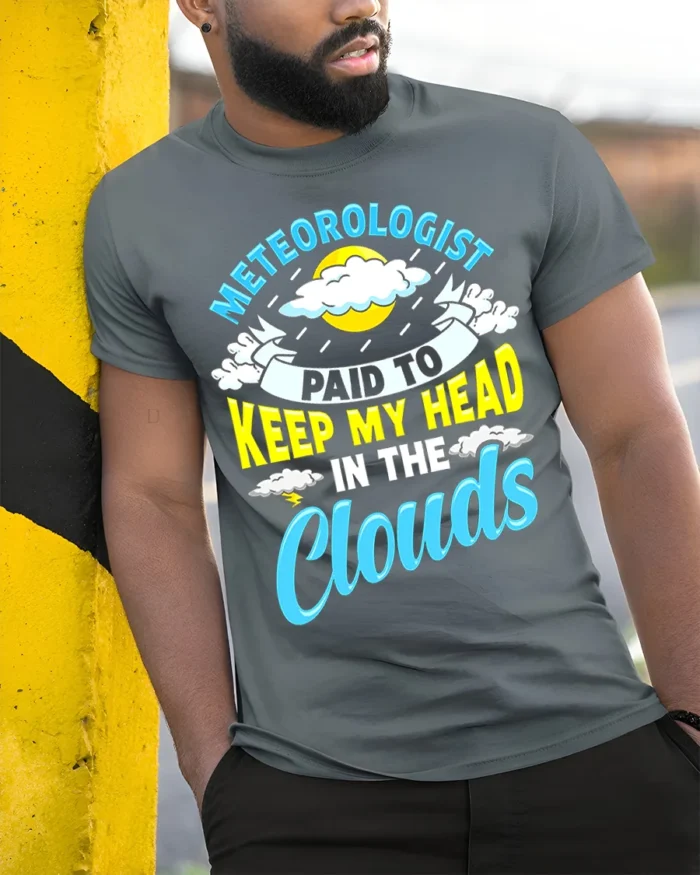 Meteorologist T-Shirt Head In The Clouds Tee - model in grey shirt leaning against column