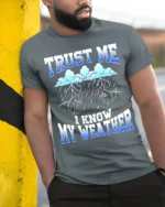 Trust Me I Know My Weather T-Shirt - model in grey shirt leaning against column