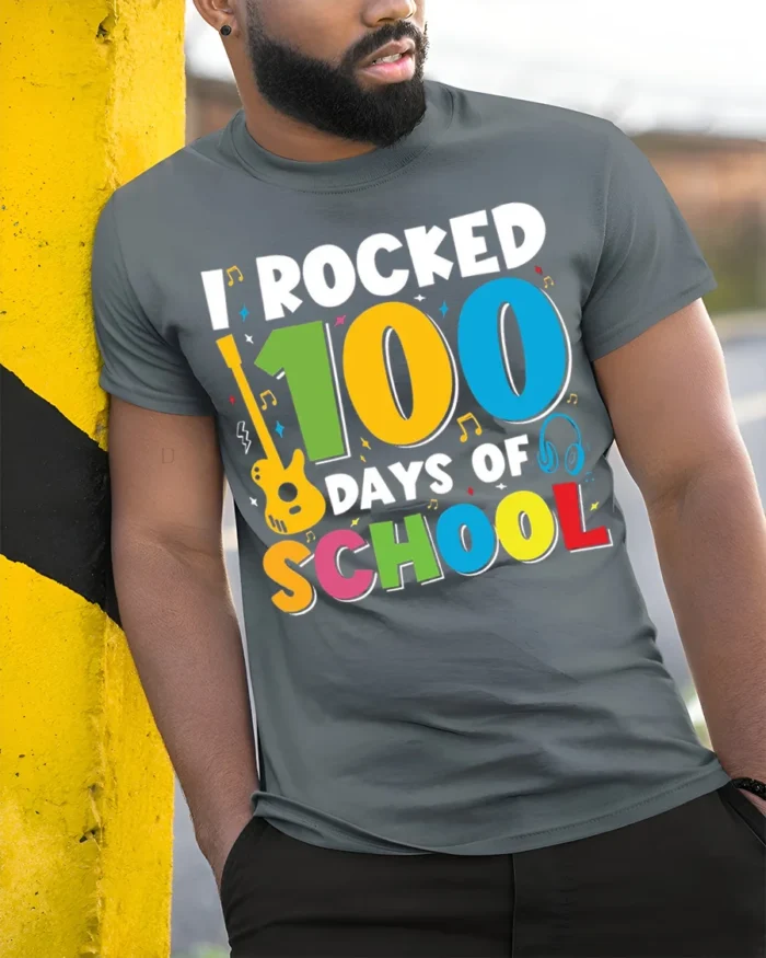 I Rocked 100 Days of School T-Shirt - model in grey shirt leaning against column
