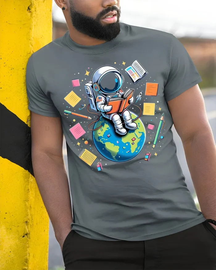 Astronaut Reading on Earth T-Shirt - model in grey shirt leaning against column