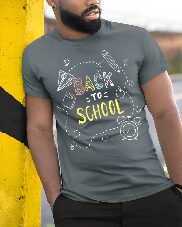 Back To School Doodle T-Shirt - model in grey shirt leaning against column
