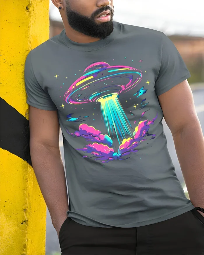 Neon UFO Alien Abduction T-Shirt - model in grey shirt leaning against column