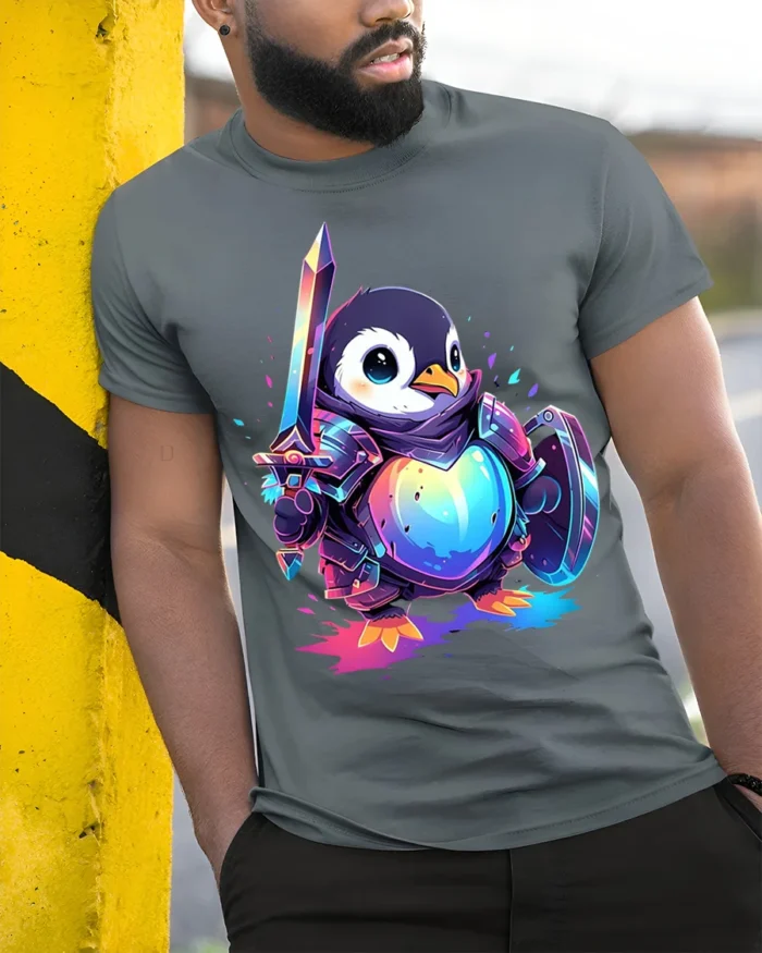 Penguin Knight Warrior T-Shirt - model in grey shirt leaning against column