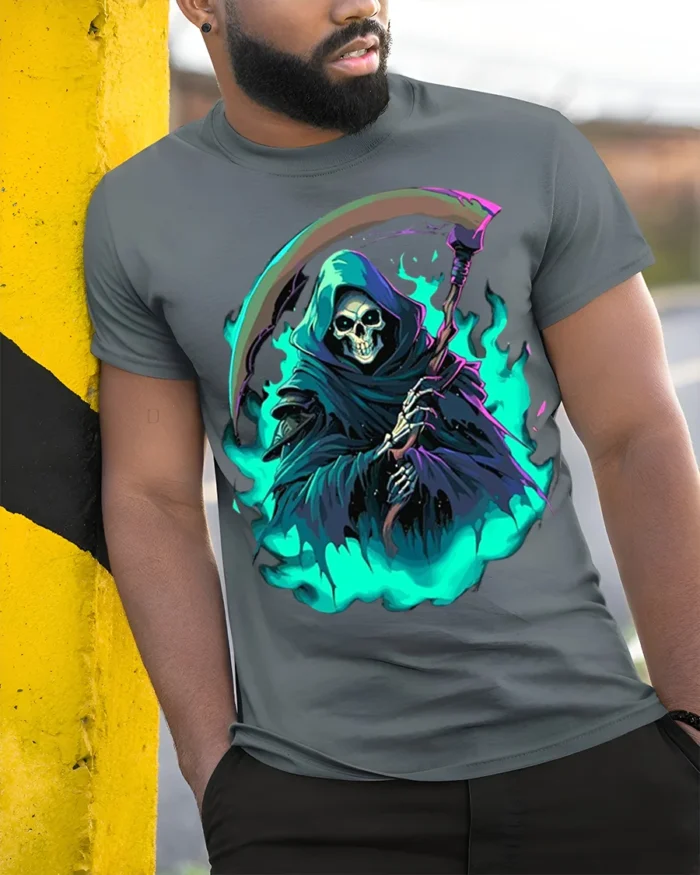 Neon Grim Reaper Flame T-Shirt - model in grey shirt leaning against column