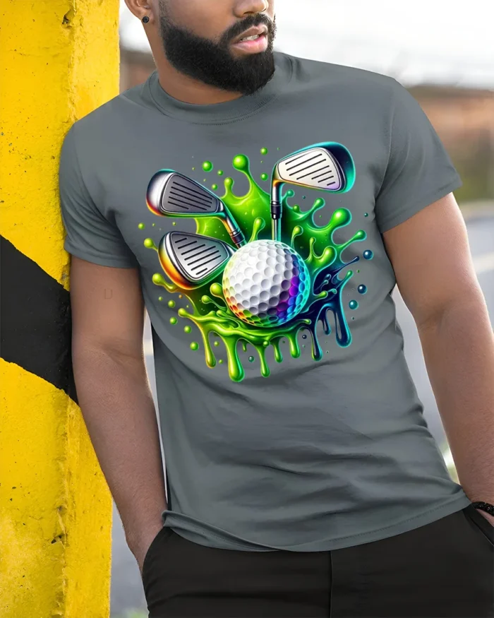 Neon Golf Ball Splash T-Shirt - model in grey shirt leaning against column