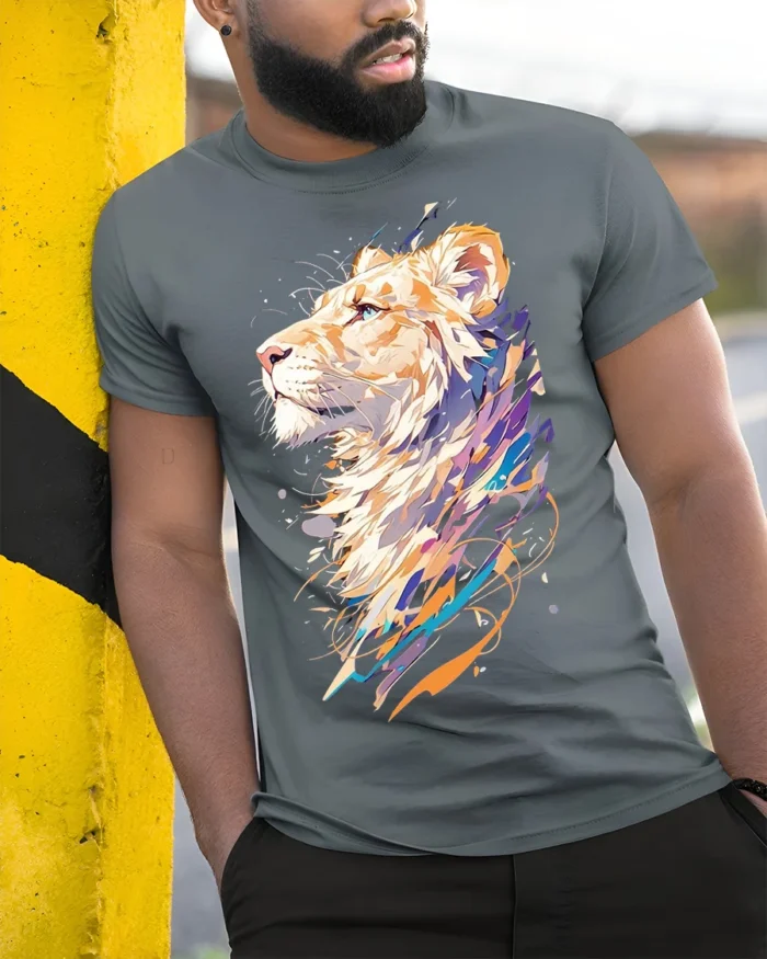 Colorful Abstract Lion Art T-Shirt - model in grey shirt leaning against column