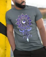 Mystic Moon Mandala Crystal T-Shirt - model in grey shirt leaning against column