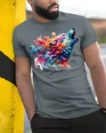 Colorful Smoke Wolf Howling T-Shirt - model in grey shirt leaning against column
