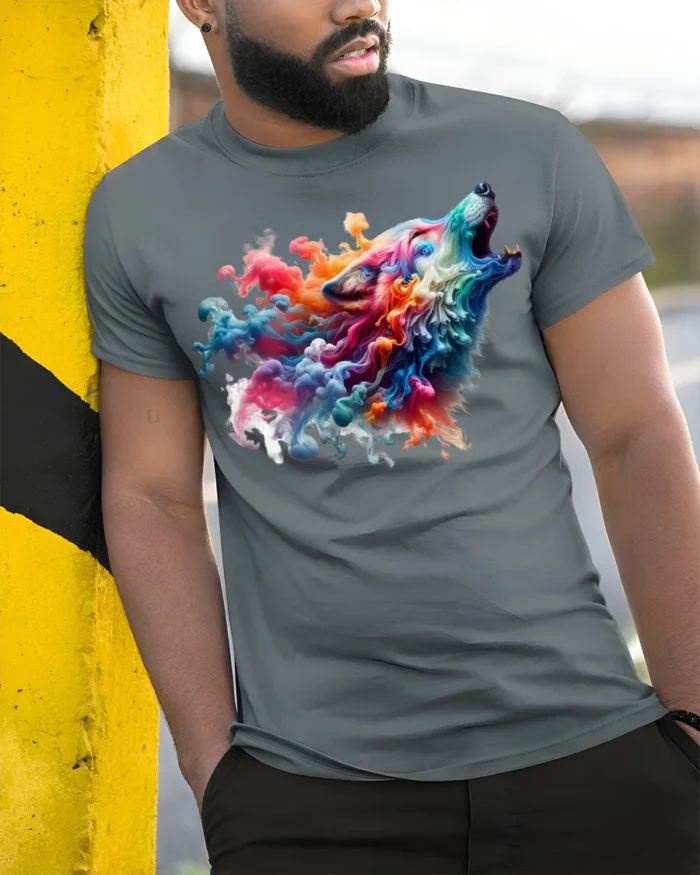 Colorful Smoke Wolf Howling T-Shirt - model in grey shirt leaning against column
