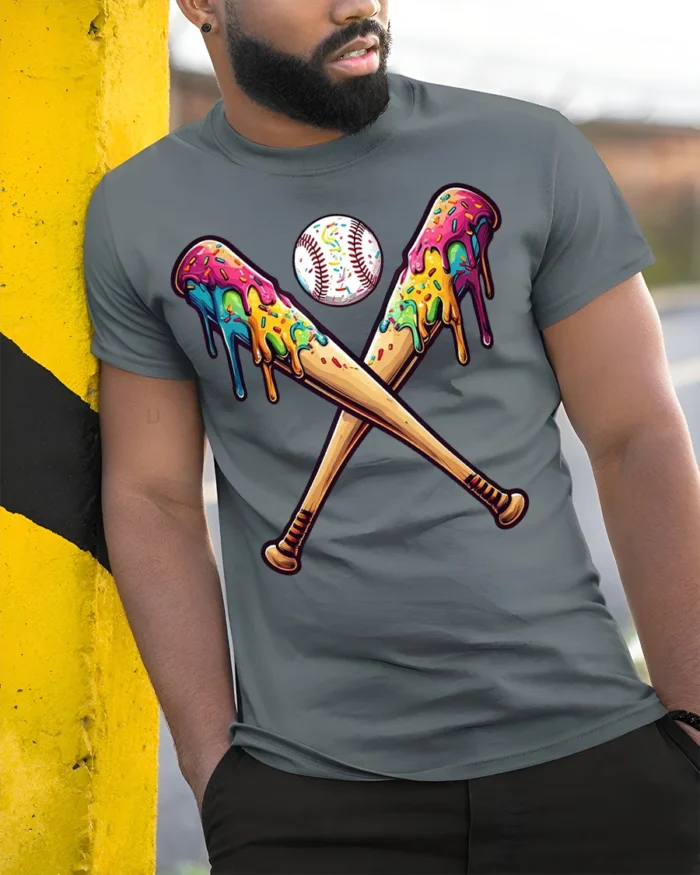 Funny Baseball Bats Ice Cream T-Shirt for Summer - model in grey shirt leaning against column