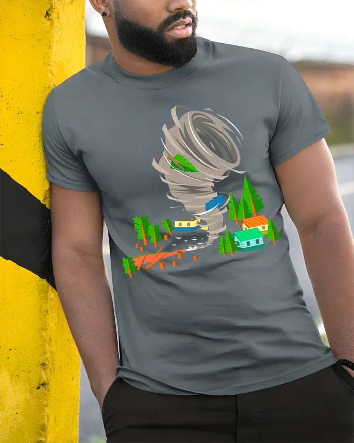 Funny Tornado Disaster Cartoon T-Shirt for Adults - model in grey shirt leaning against column