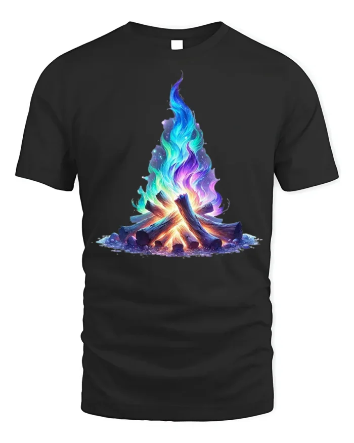 Colorful Galaxy Campfire Art Printed T-Shirt - black t-shirt on white background