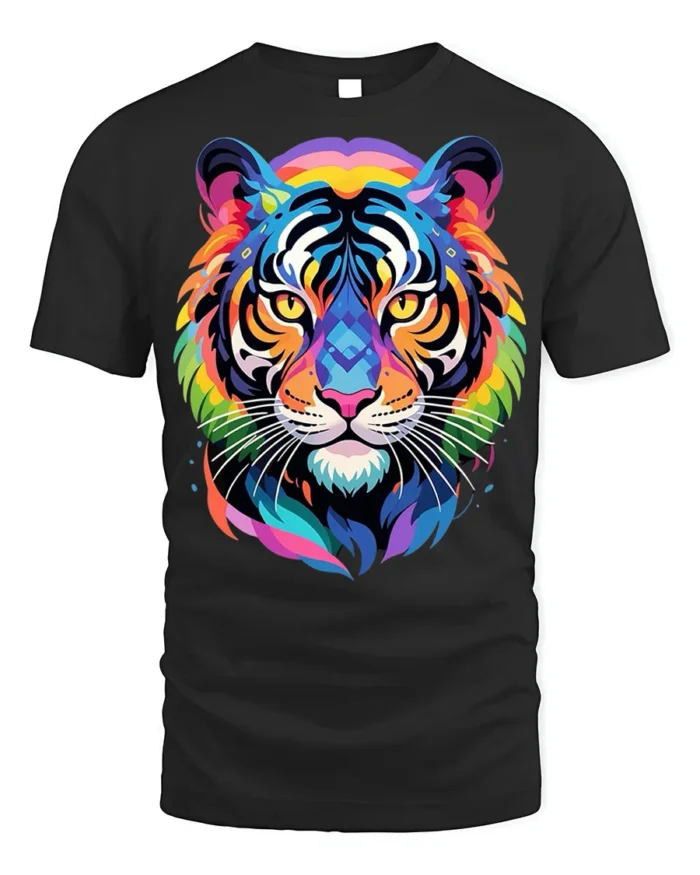 Geometric Rainbow Tiger Face Graphic T-Shirt - black t-shirt on white background