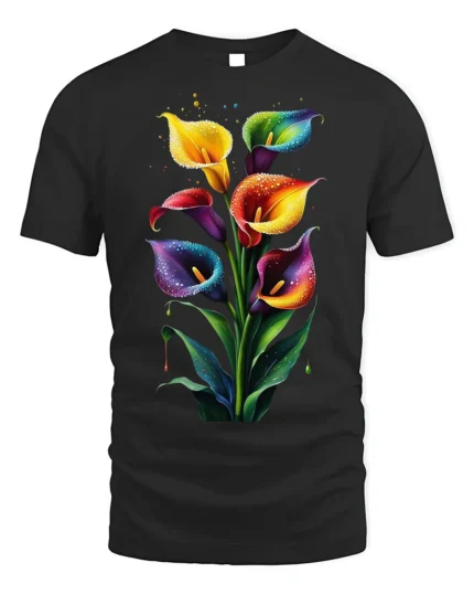 Rainbow Calla Lily Art Print T-Shirt - black t-shirt on white background