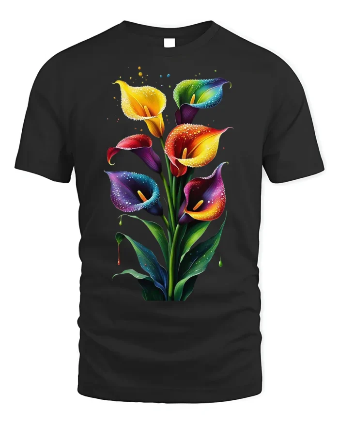 Rainbow Calla Lily Art Print T-Shirt - black t-shirt on white background