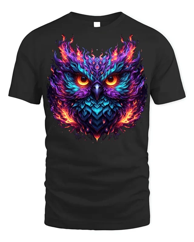 Flaming Owl T-Shirt with Fiery Abstract Art Design - black t-shirt on white background