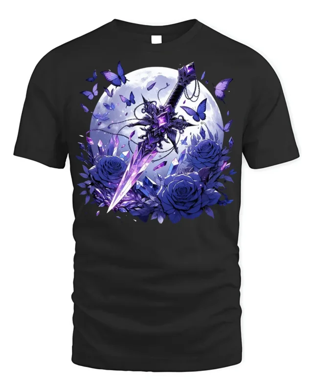 Moon Sword and Blue Rose Fantasy T-Shirt Design - black t-shirt on white background
