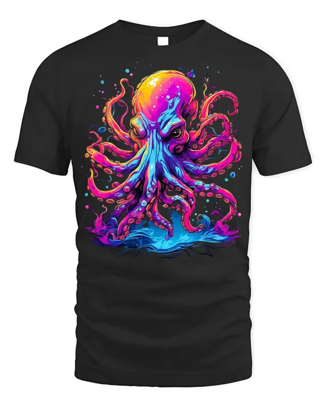 Psychedelic Octopus T-Shirt with Neon Ink Print - black t-shirt on white background