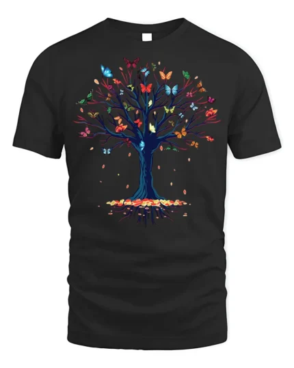 Butterfly Tree of Life T-Shirt with Nature Design - black t-shirt on white background