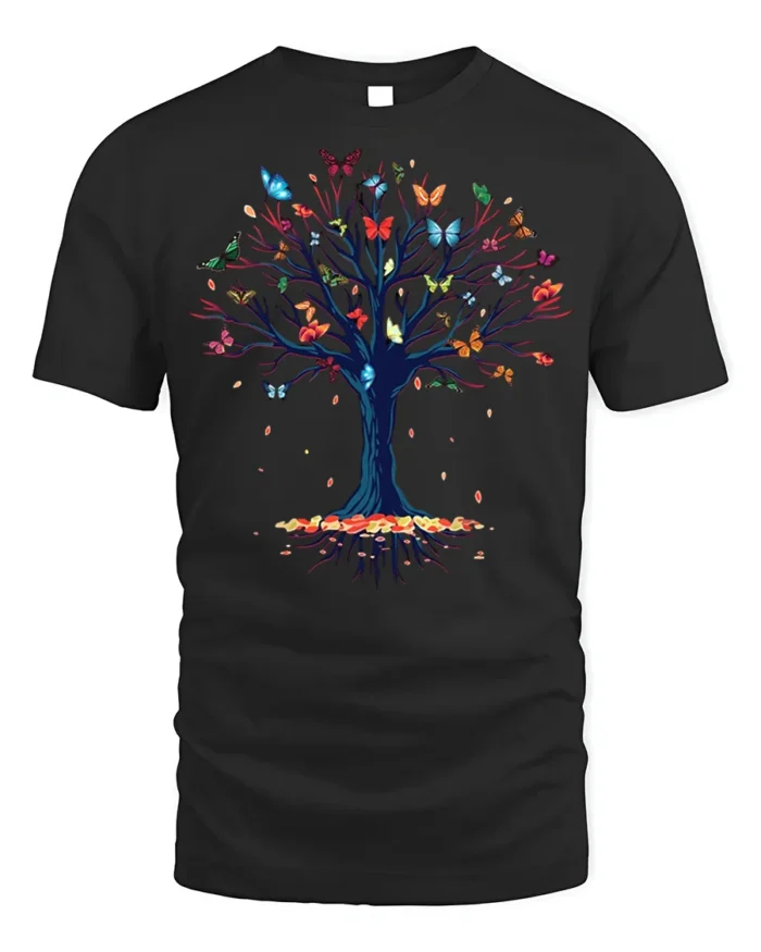 Butterfly Tree of Life T-Shirt with Nature Design - black t-shirt on white background