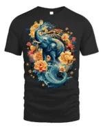 Floral Elephant T-Shirt with Water and Lotus Art - black t-shirt on white background