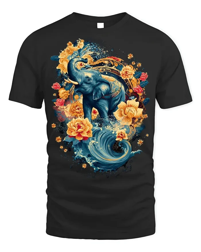 Floral Elephant T-Shirt with Water and Lotus Art - black t-shirt on white background